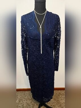 Marina Navy Blue Lace Sequin Dress Size 12 Long Sleeve Cocktail Evening